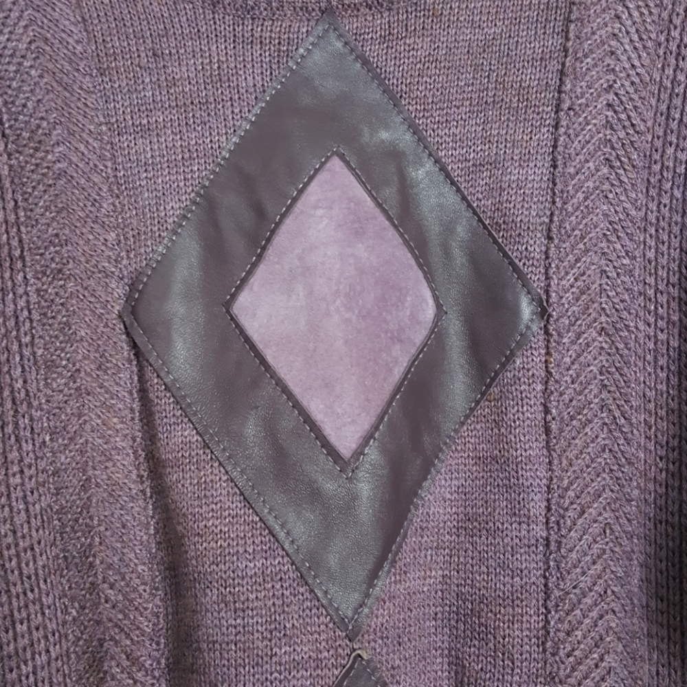 Vintage Chunky Knit Sweater Purple Leather Details Medium Wool Blend - Picture 3 of 6